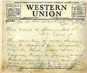 Telegram describing loss of Cpl. Ganoe.