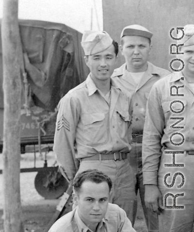 Far left in image above, identifiable is "Sam" Isamu S. Higurashi, Military Intelligence, trained in Japanese linguists at the Military Intelligence Service Language School (MISLS), Sec 8 (Graduated Camp Savage, Minnesota, July 1943). He was serving the US in China while his family was being held at the Minidoka War Relocation Center internment camp in Jerome County, Idaho.