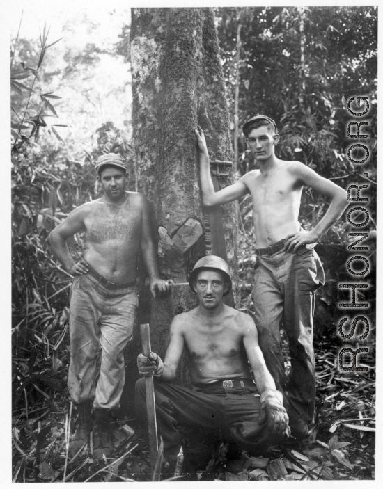 Engineers of the 797th Engineer Forestry Company pose against tree in Burma.  During WWII.