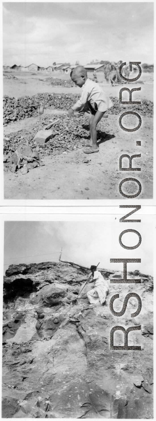 Kid crushes rock (top), and man quarries rock (bottom).  Scenes in India witnessed by American GIs during WWII. For many Americans of that era, with their limited experience traveling, the everyday sights and sounds overseas were new, intriguing, and photo worthy.