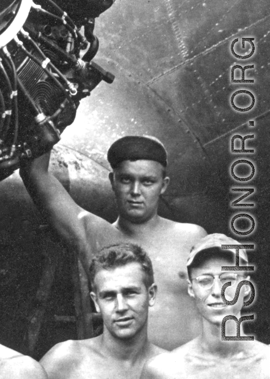 Arnold Wall was a member of 330th Troop Carrier, 9th CC, in the CBI during WWII. Here he poses with the engine of a C-47 transport airplane as part of an engine change crew. After his time of service during the war, Sergeant Wall returned home and became a successful fine watch repairman, running a business from his home, despite facing his own personal struggles. He passed away in 1963.  Engine Change Crew photo,   From the collection of Arnold Wall. (Much appreciation to son D. W.)