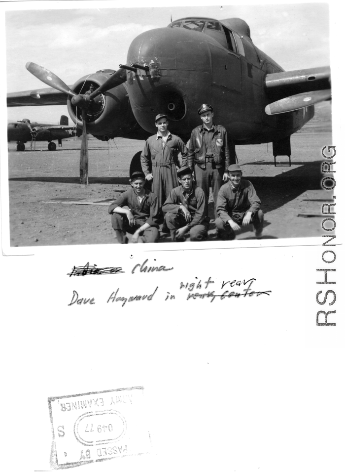 Flyers with 22nd Bombardment Squadron B-25 Mitchell bomber at an American base in China during WWII.  Rear: Bob Selmer, David Hayward.  Front: George Scearce (right).