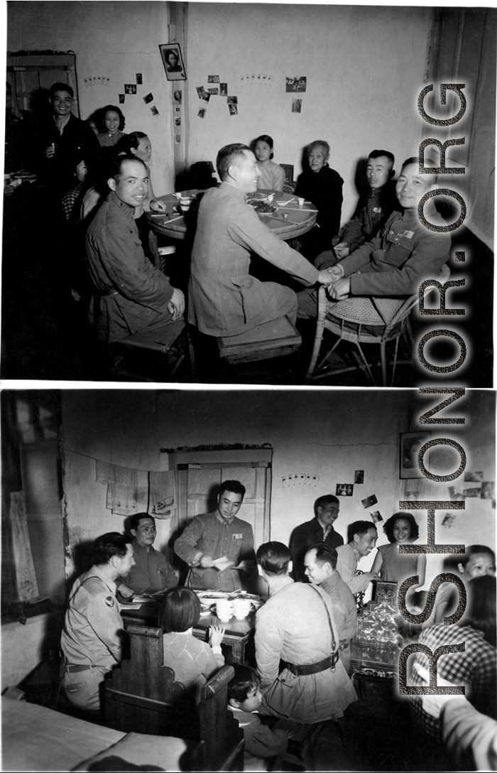 Around the time of the rally, junior officers gather in a well-off home for a jovial and friendly meal. The meal is being hosted in the home of the young woman standing in a dress against the back wall in both images--as evidenced by the photo portrait of her on the wall. She is either the wife in the home, or a trusted older daughter. In the lower image, Eugene Wozniak is seated at the far left. That he--as a foreigner--is welcome and invited to this kind of intimate event is a testament not only of the g