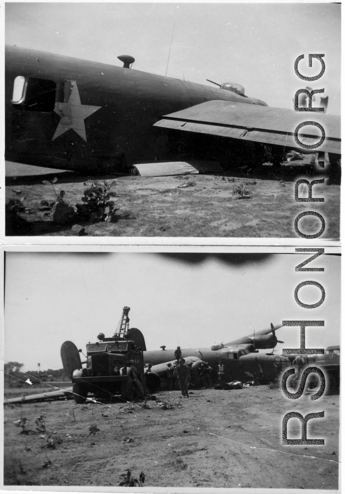 Salvage of a broken B-24 "WE'REWOLVES", crashed on take-off crash on March 20th, at Panagarh. Upon crash, live bombs were spewed out of the bomb bay. Fortunately the arming pins were still in the fuses. Speculation of some was that the accident was caused by loss of lift due to the negative angle of attack caused by a high speed take-off.