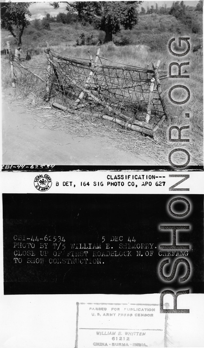 Close up of first roadblock north of Zhefang, to show construction.  December 5, 1944.  Photo by T/5 William E. Shemorry. 164th Signal Photographic Company, APO 627.  Passed by William E. Whitten.