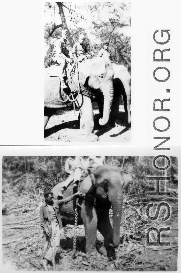 Local people in Burma near the 797th Engineer Forestry Company--men riding elephants, assisting in logging in some cases.  During WWII.