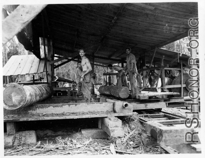 Operations of a mill of the 797th Engineer Forestry Company in Burma.  During WWII.