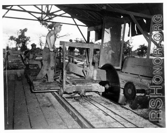 Operations of a mill of the 797th Engineer Forestry Company in Burma.  During WWII.