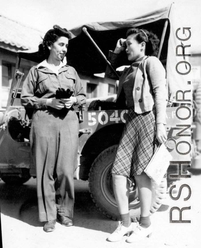 Alice Kim Chong (1909-1972) was one of Claire Chennault’s two female interpreters at Kunming between 1943 and 1945.  Here they are outside the HQ building at Kunming in 1943.  Eloise Witwer, Alice’s roommate and best friend, at left.  Alice Kim Chong (1909-1972) at right.