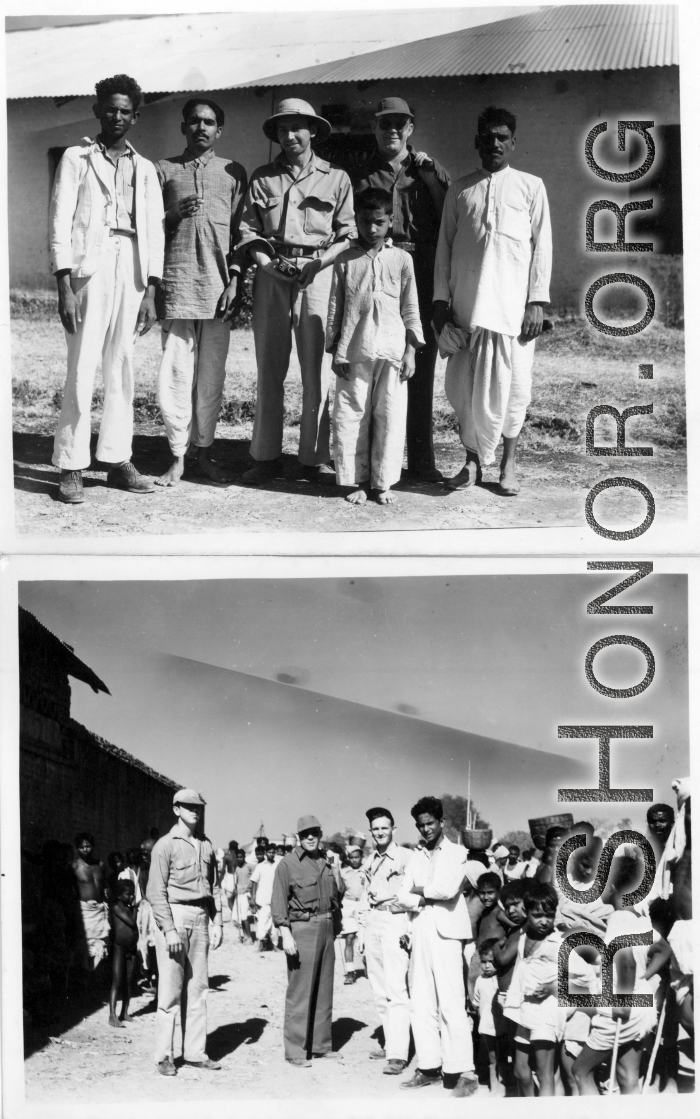 GIs pose with people in India.  Scenes in India witnessed by American GIs during WWII. For many Americans of that era, with their limited experience traveling, the everyday sights and sounds overseas were new, intriguing, and photo worthy.