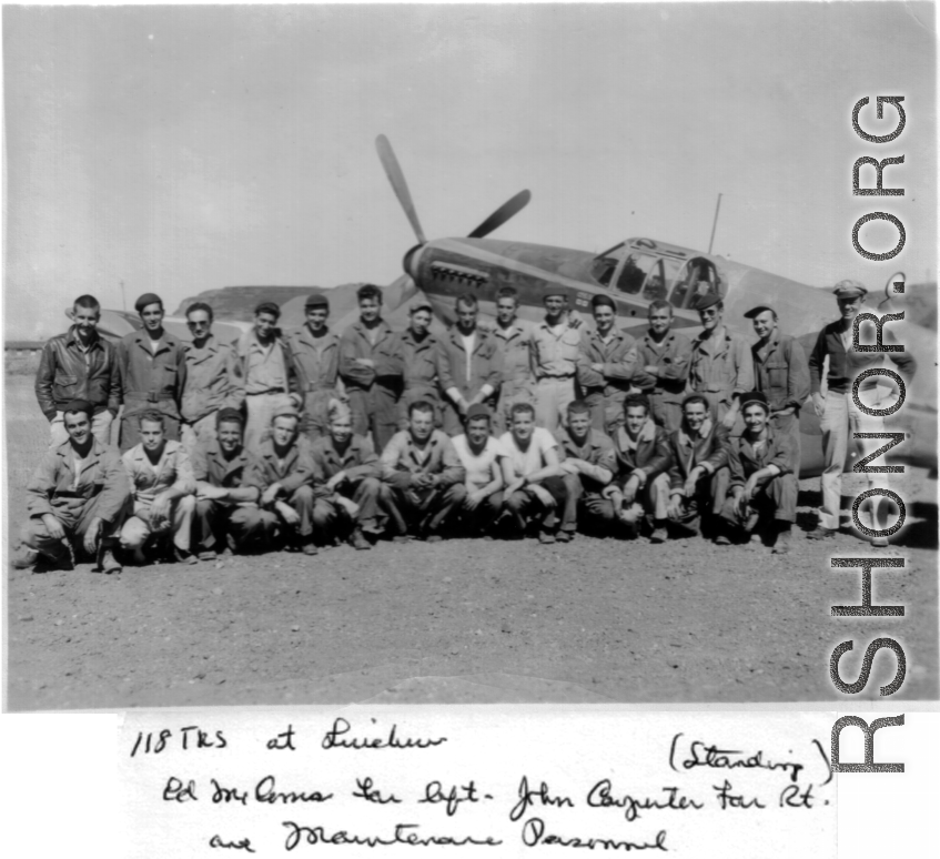 118th Tactical Reconnaissance Squadron maintenance personnel at Liuchow [Liuzhou]. Major  Edward O. McComas far left, and John Carpenter far right.