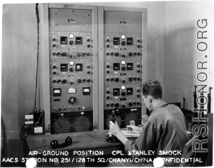 Air-ground position radio. Cpl. Stanley Smock. AACS Sta. No. 251, 128th Squadron, Chanyi, China.