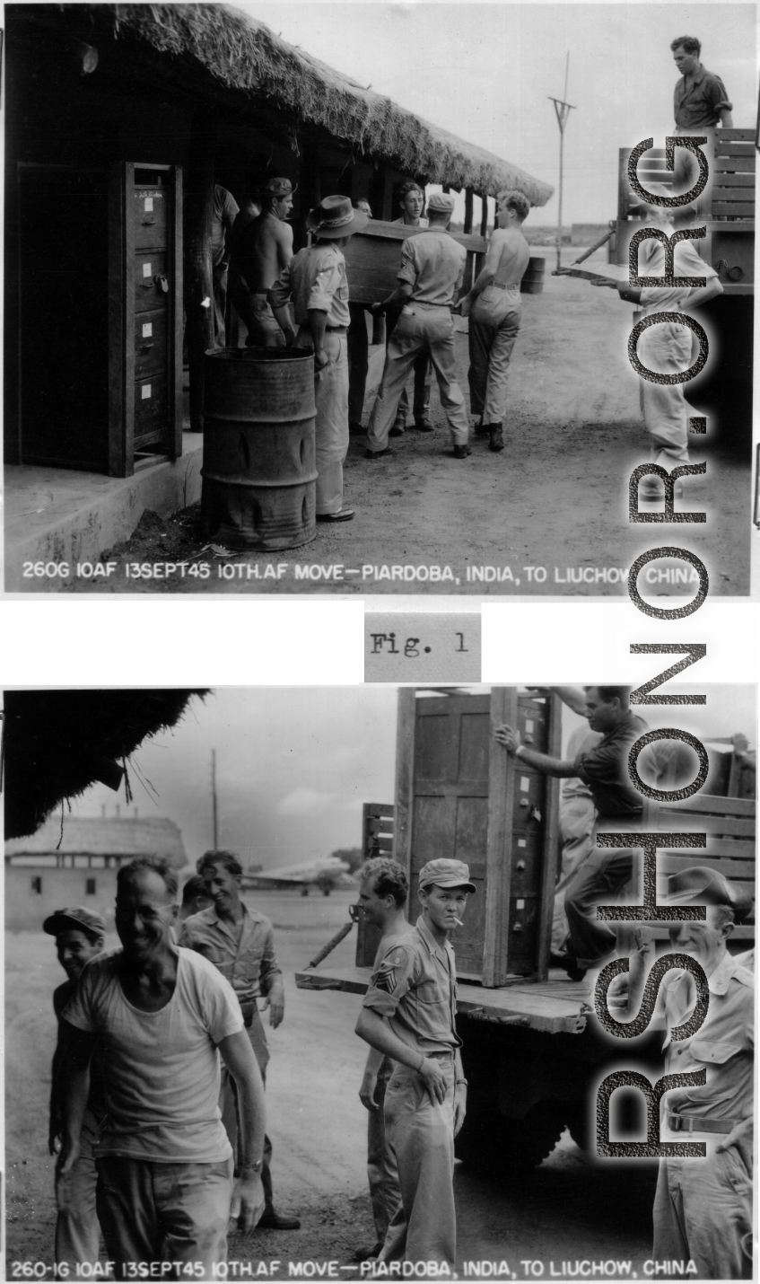 The 10th Air Force moves from Piardoba, India, to Liuzhou, China in the fall of 1945. Here materials are being loaded on a truck to take them to load on C-47 cargo planes and then flying over the Hump.