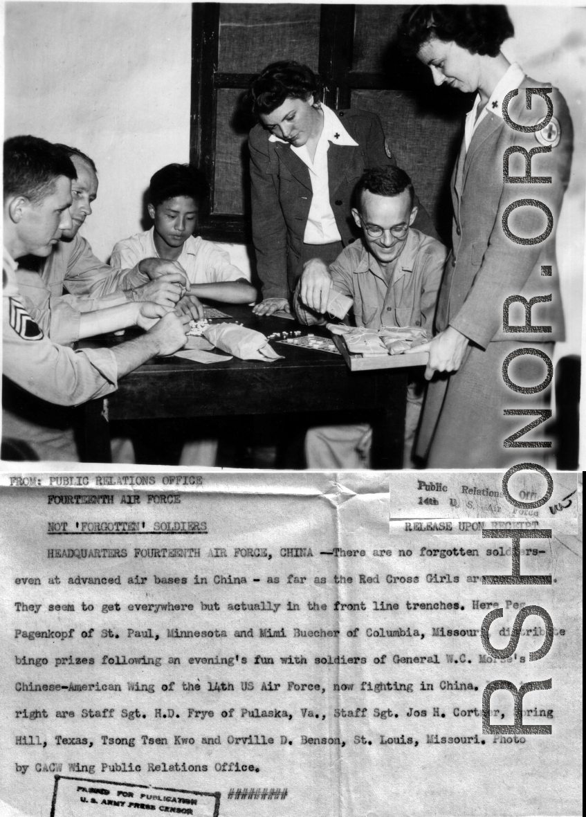 "Red Cross Girls" in China during WWII. Peg Pagenkopf and Mimi Buecher distribute bingo prizes to to S/Sgt. H. D. Frye, S/Sgt. Jos H. Cortner, Tsong Tsen Kwo, and Orville D. Benson.