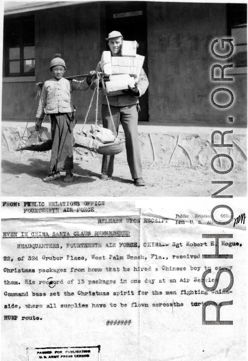 Sgt. Robert E. Hogue of Florida gets a Christmas haul of presents, a record of 13 packages. He hired a Chinese boy to help him carry them.