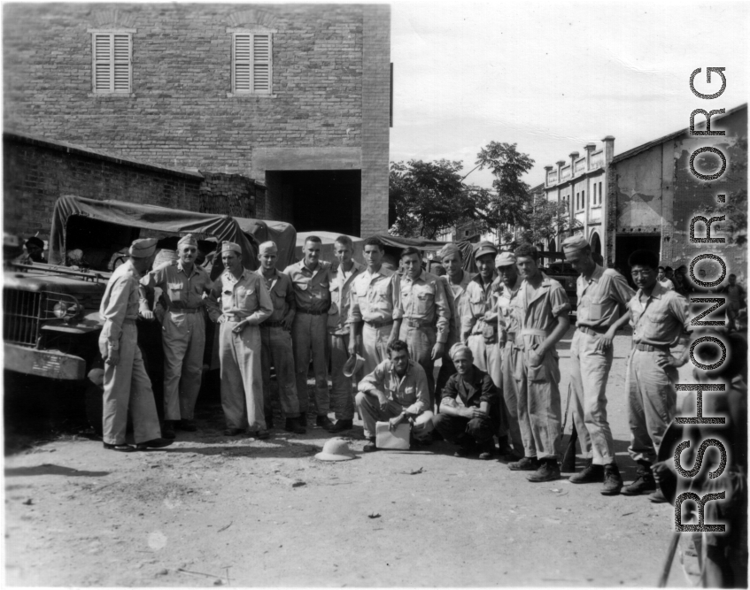 American and Chinese servicemen shortly after retreat of Japanese from Guangxi from Liuzhou after Ichigo, now re-entering areas the Japanese had controlled not long before. This photo is likely from around the larger Liuzhou area.