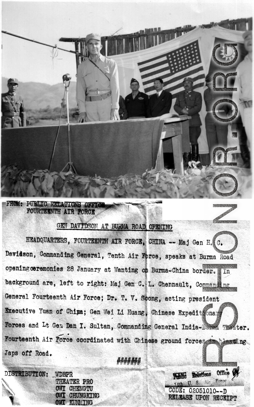 Maj. Gen. H. C. Davidson gives a speech at the Burma Road opening ceremonies at Wanting. In the background (left to right) are General C. L. Chennault, Dr. T. V. Soong, General Wei Li Huang, and Lt. Gen. Dan I Sultan. 