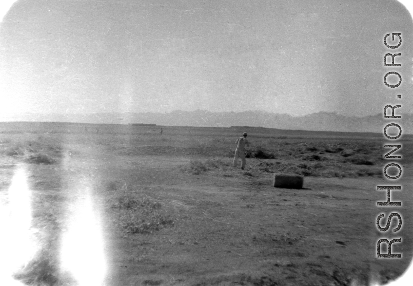 Farmer thresihng grain in northern China during WWII. Edward Gable served in northern China.'