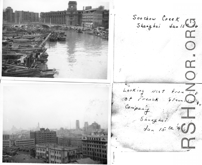 Suzhou Creek and view from top of French steamship company, Shanghai during WWII, January 15, 1946.