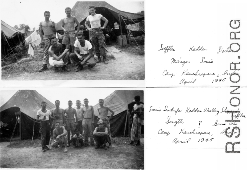 GIs in tent camp pose at Camp Kanchrapara, India, April 1945.