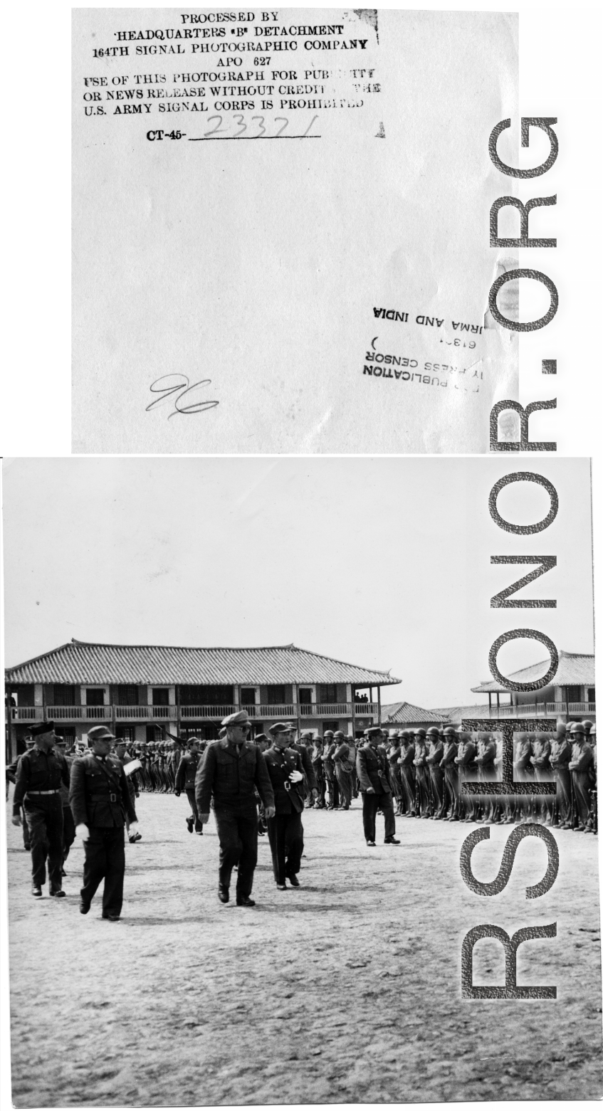US and Chinese officers review Chinese troops in SW China during WWII.  164th Signal Photographic Company photo.