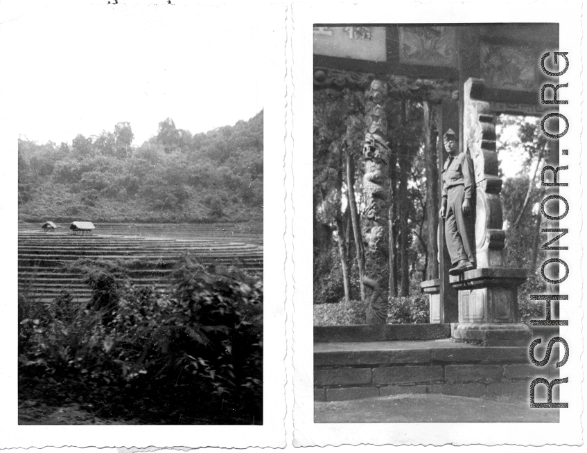 Farm paddies with raised sheds used to watch the fields at night as the produce matures; GI standing in archway. During WWII.