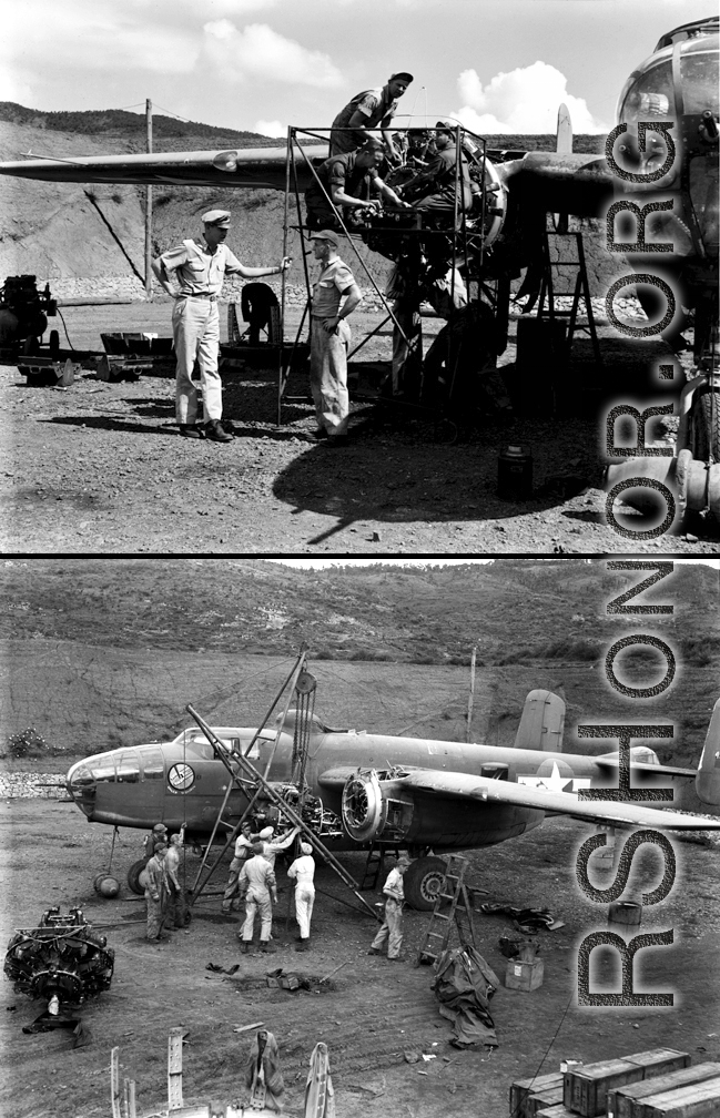 A B-25 under maintenance, having its engines swapped, at Yangkai in the CBI during WWII.