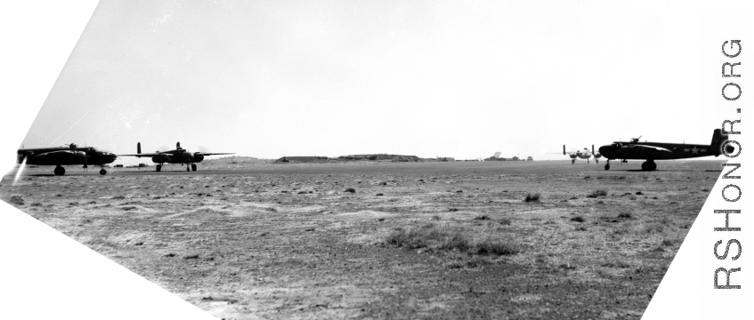 American B-25 bombers of the 491st Bomb Squadron prepare for take off on a mission from Yangkai, Yunnan province, in the CBI.