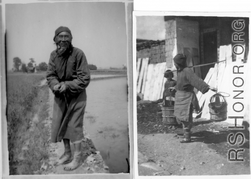 An elderly Chinese man poses on the edge of a rice paddy, and an elderly Chinese woman (with bound feet) carries buckets on a shoulder pole. During WWII.