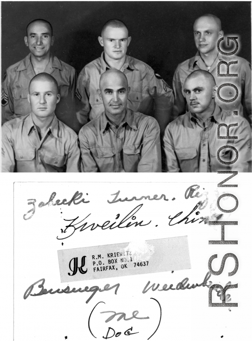 Members of 396th Air Service Squadron with shaved heads during WWII. Back: Zabecki, Turner, Rizzo. Front: Bausueger, Kriewitz, Weidenbrenner. Elmer did not remember why they had shaved their heads.  Photo from R. M. Kriewitz.