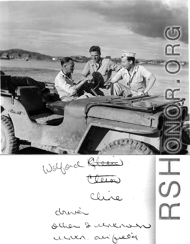 Major Wilfrid M. Cline, commander of 16th Combat Camera Unit from May 1943 to February 1945, at the driver's seat of a jeep at an American base in China during WWII. Two others unknown.