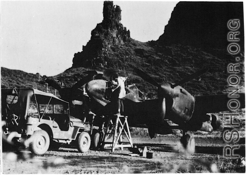A 21st Photographic Reconnaissance Squadron F-5 being serviced in Guangxi province, at either Liuzhou or Guilin. Original can be found at National Archives and Records Administration. Caption for the photo is: "Camera Repairmen Of The 21St Photographic Reconnaissance Sqd. Work On A Lockheed F-5A Reconnaissance Plane In A Natural Revetment Formed By The Limestone Buttes At A Forward Base In China." (Info thanks to TexLonghorn)