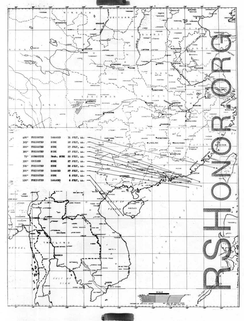 Sea sweep air mission map for July 1944, showing locations near or in China where attacks were made on Japanese by U. S. aircraft.  From the U.S. Government sources.