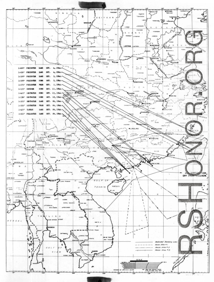 Sea sweep air mission map for October 1944, showing locations near or in China where attacks were made on Japanese by U. S. aircraft.  From the U.S. Government sources.