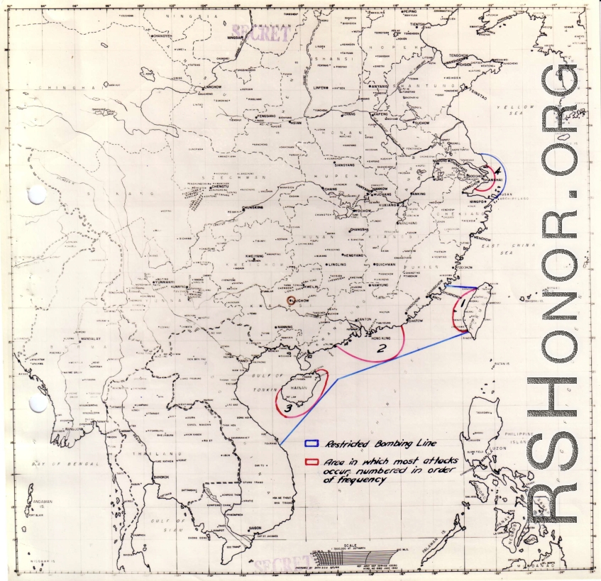 Zone map for missions by U. S. aircraft on Japanese targets of the coast of China, showing zones labeled 1-4.  From the U.S. Government sources.