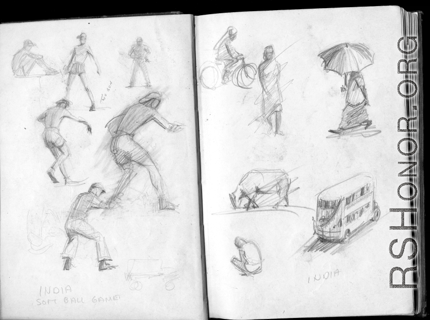 The wartime notebook of S/Sgt. Tom L. Grady. In his notebook, as a talented and curious young artist while in the CBI, he recorded scenes and vignettes that he saw in his life. He also recorded names and contact info for the people he met.  "India. Softball game. Two-Gun (McCoy)."