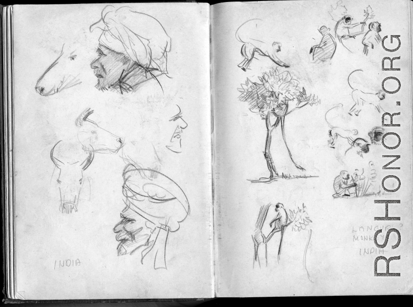 The wartime notebook of S/Sgt. Tom L. Grady. In his notebook, as a talented and curious young artist while in the CBI, he recorded scenes and vignettes that he saw in his life. He also recorded names and contact info for the people he met.  "Langur monkeys, India."