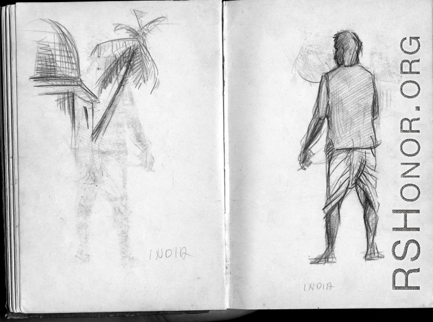 The wartime notebook of S/Sgt. Tom L. Grady. In his notebook, as a talented and curious young artist while in the CBI, he recorded scenes and vignettes that he saw in his life. He also recorded names and contact info for the people he met.  Sights in India.