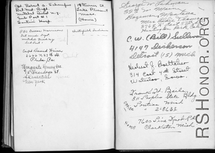 The wartime notebook of S/Sgt. Tom L. Grady. In his notebook, as a talented and curious young artist while in the CBI, he recorded scenes and vignettes that he saw in his life. He also recorded names and contact info for the people he met.  List of acquaintances.