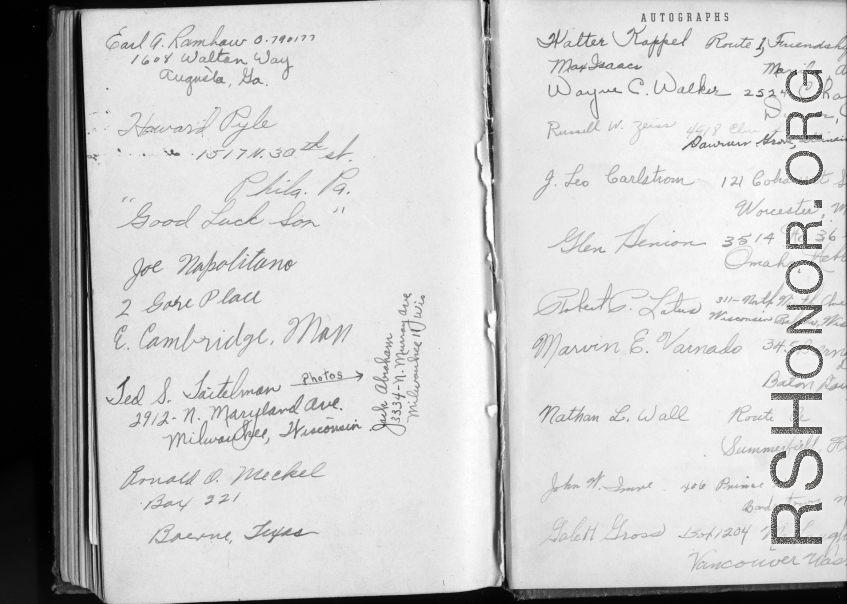 The wartime notebook of S/Sgt. Tom L. Grady. In his notebook, as a talented and curious young artist while in the CBI, he recorded scenes and vignettes that he saw in his life. He also recorded names and contact info for the people he met.  List of acquaintances.