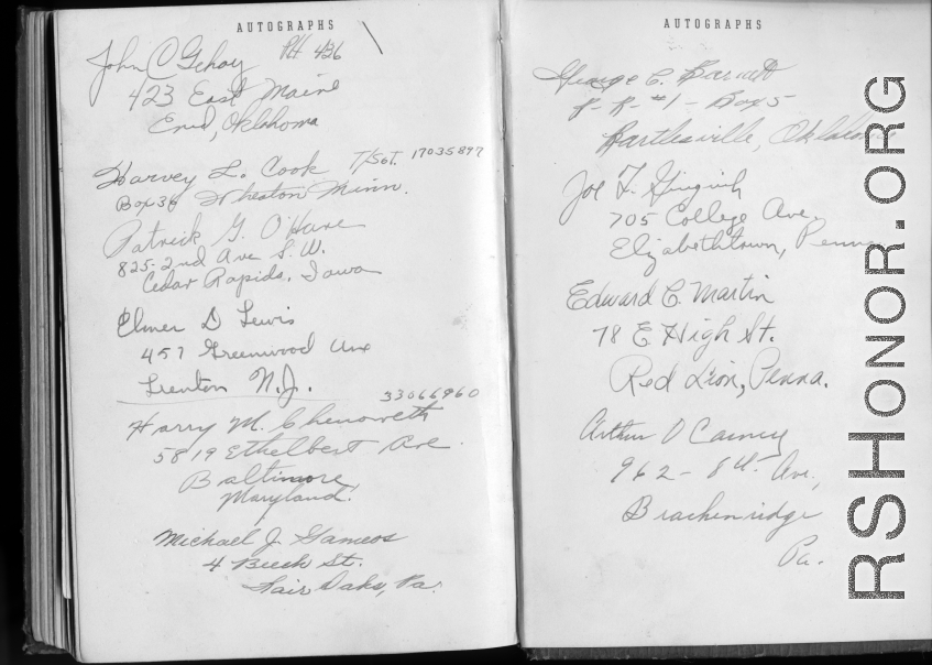 The wartime notebook of S/Sgt. Tom L. Grady. In his notebook, as a talented and curious young artist while in the CBI, he recorded scenes and vignettes that he saw in his life. He also recorded names and contact info for the people he met.  List of acquaintances.