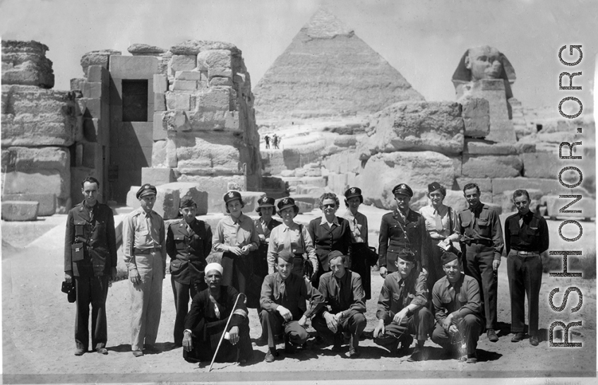 Service men and women in Egypt, along with presumably their guide, in front of the Great Pyramid, taken during Mazer's journey to the CBI. During WWII.  It is quite possible that Mazer deployed overseas as a replacement aboard ATC transport aircraft, not knowing to what unit/plane he would be assigned until his arrival in India or China. If so, this eclectic group might even be a sampling of the people on a recent group flight.  (Thanks to Tony Strotman for additional information.)