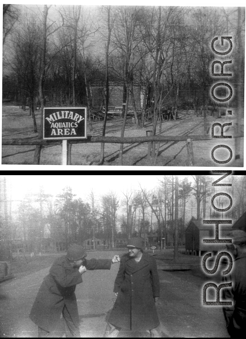 American GIs stateside:  The "Military Aquatics Area," and two GIs horsing around, at a base in the US during WWII.