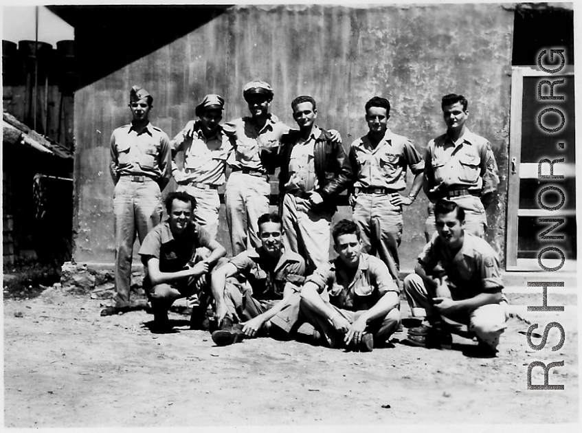 Crew photo.  Standing (left to right):  Lt. John Roney--Navigator  Lt. Howard Young--Bbombardier  Lt. Bruce Clendenen--Pilot  Lt. Robert Reade--Co-pilot  S/Sgt. Ed Mast--Engineer  S/Sgt. James Hicks--Radio Man    Seated:  S/Sgt. Allen Guthrie--Radar Man  Sgt. Glen Park--Armor Gunner  ?Sgt. Dick Zachorras--Nose Gunner  ?Sgt. Shipka-- Waist Gunner