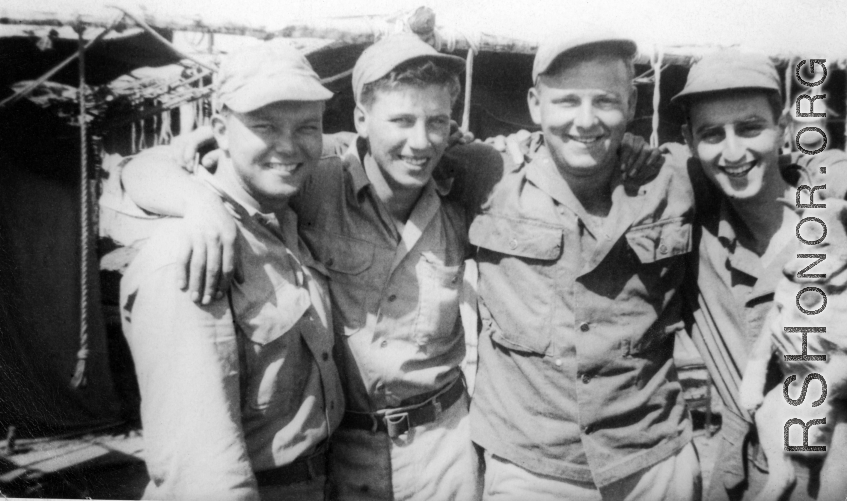 Men of 330th Troop Carrier, 9th CC.   Arnold Wall with three other buddies. No names on the back of the original picture, however, from left to right, the men are likely Arnold Wall, Dave Sobel, R. C. Werner, and Milt Sobel.  From the collection of Arnold Wall. (Much appreciation to son D. W.)