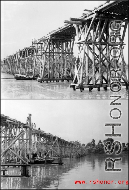 Allies building a wooden trestle bridge in the CBI during WWII.  From the collection of Hal Geer.