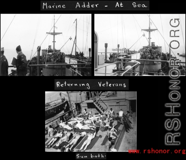 961st Petroleum Products Laboratory members on the boat towards home, on SS Marine Adder, at the end of the war.