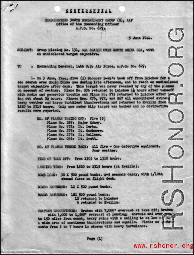 Report on group mission no. 131, SEA SEARCH OVER SOUTH CHINA SEA, 5 June 1944.