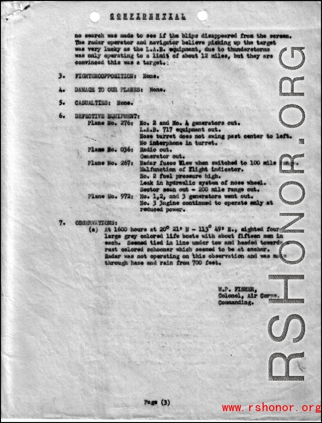 Final page of report on group mission no. 131, SEA SEARCH OVER SOUTH CHINA SEA, 5 June 1944.