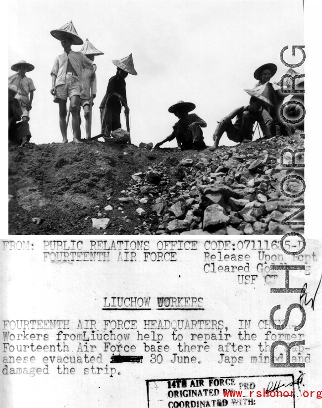 Workers from Liuchow help to repair the former Fourteenth Air Force base there after the Japanese evacuated 30 June. The Japs mined and damaged the strip.